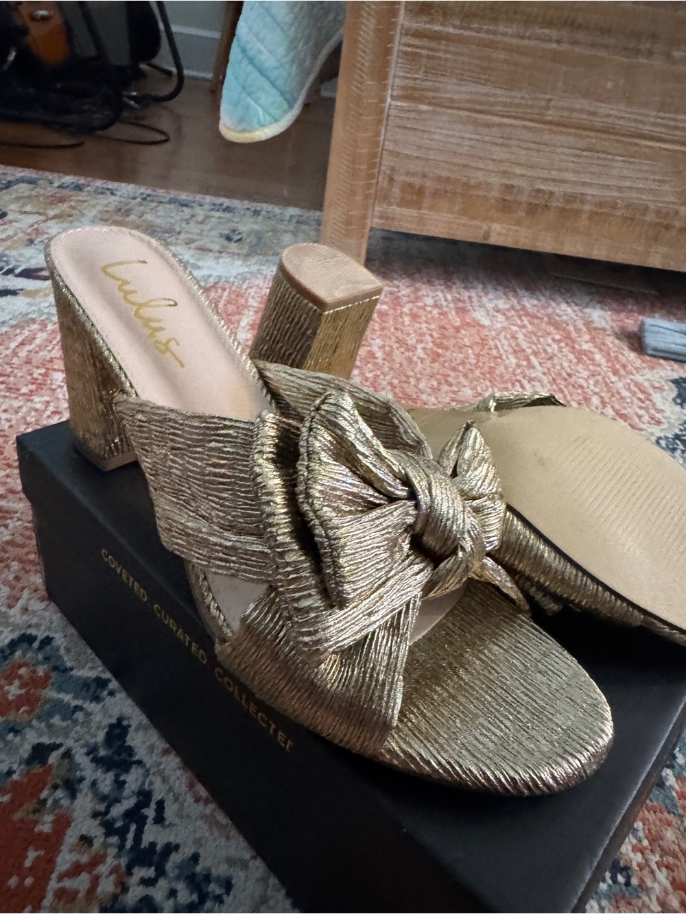 Lulu's Metallic Gold Knot-Front Block Heel Mules